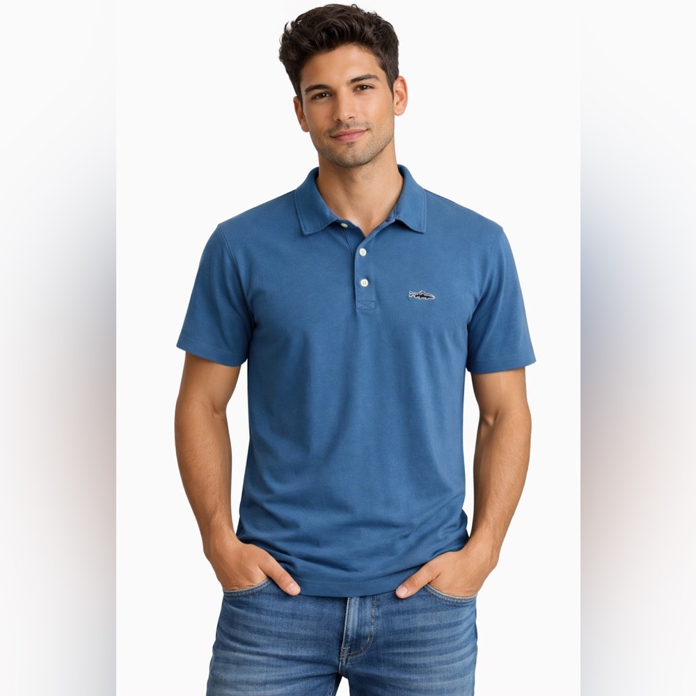 Patagonia Polo Shirt Mens Blue Trout Fitz Roy Organic Cotton Short Sleeve